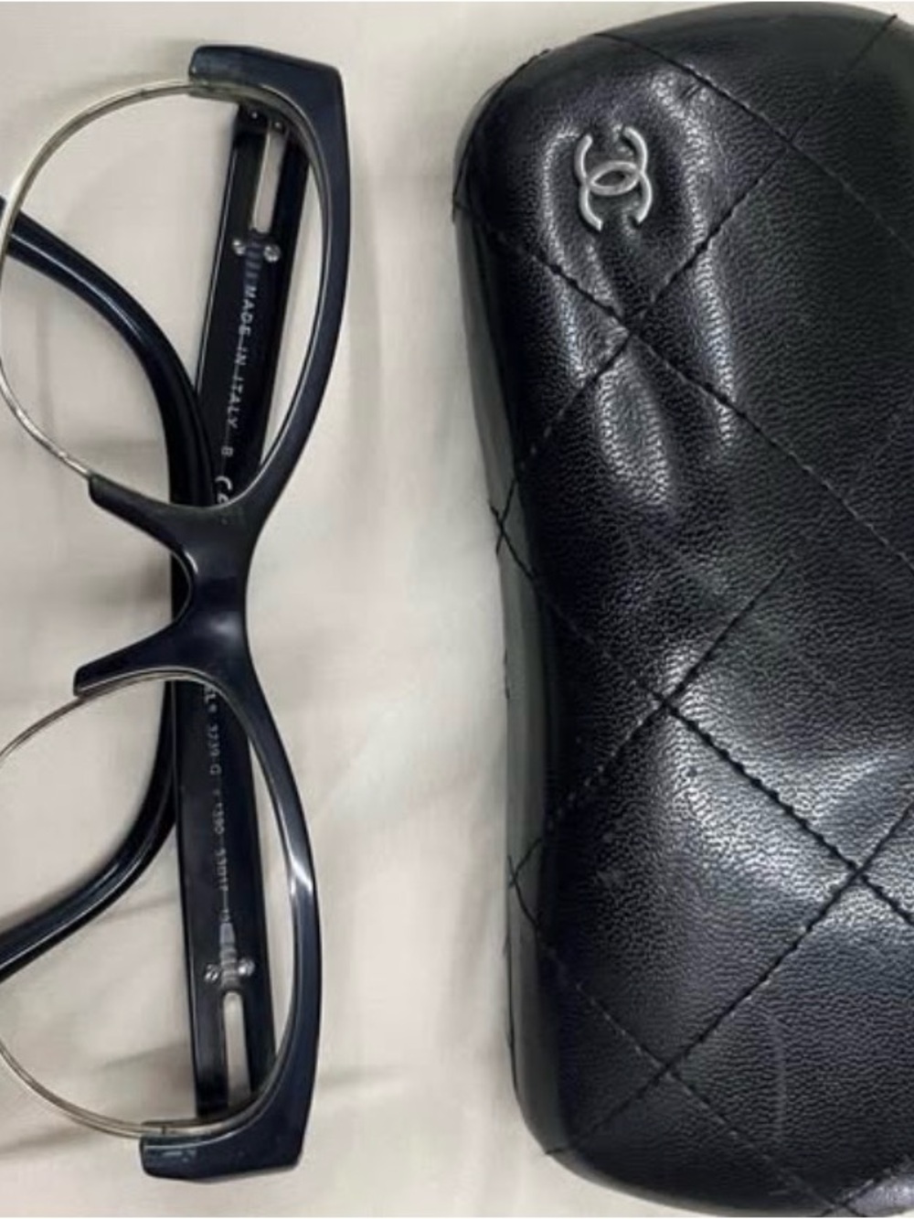CHANEL Black Quilted Leather Eyeglass Case with Black Frames